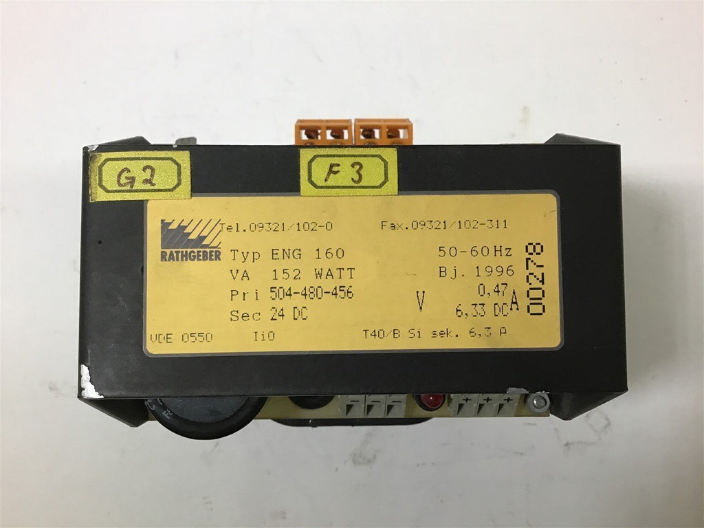 RATHGEBER ENG 160 VA 152 WATT 504-480-456 PRI, 24 DC SEC TRANSFORMER