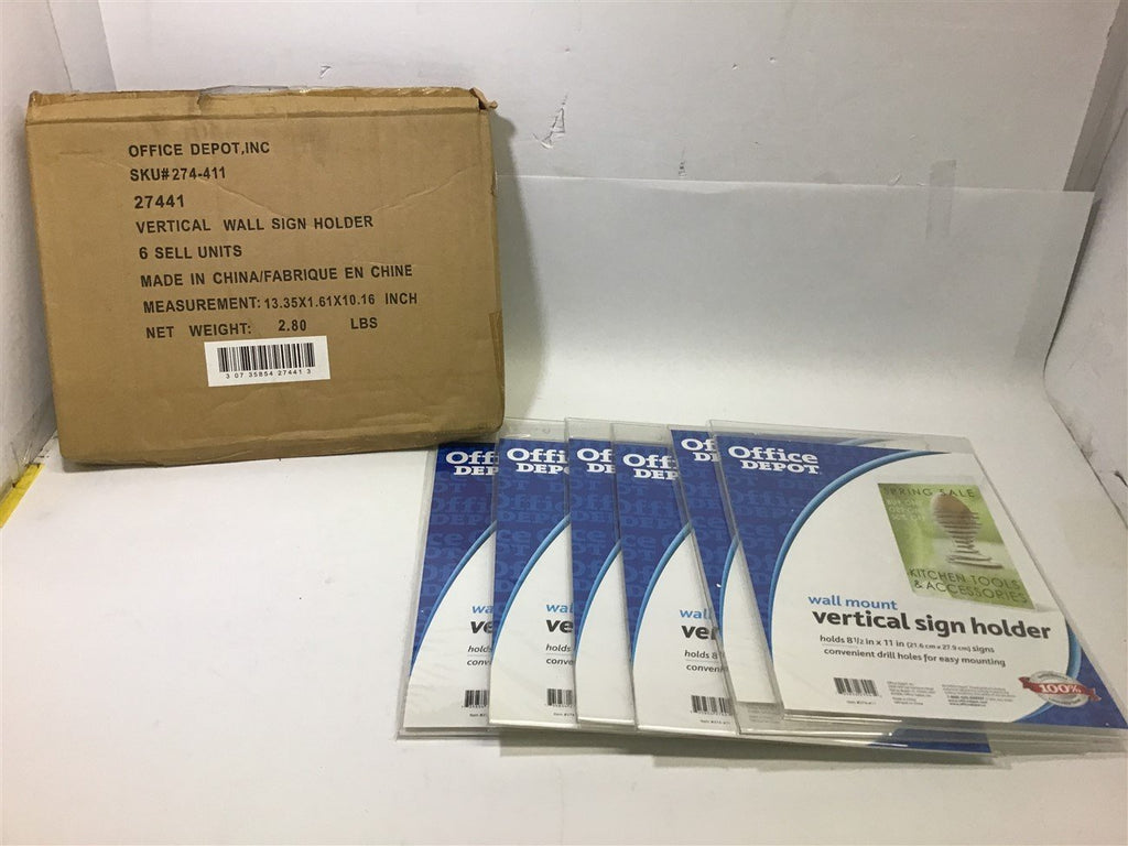 Office Depot 274-411 Wall Mount Vertical Sign Holder for 8.5" x 11" Signs 6 Pcs