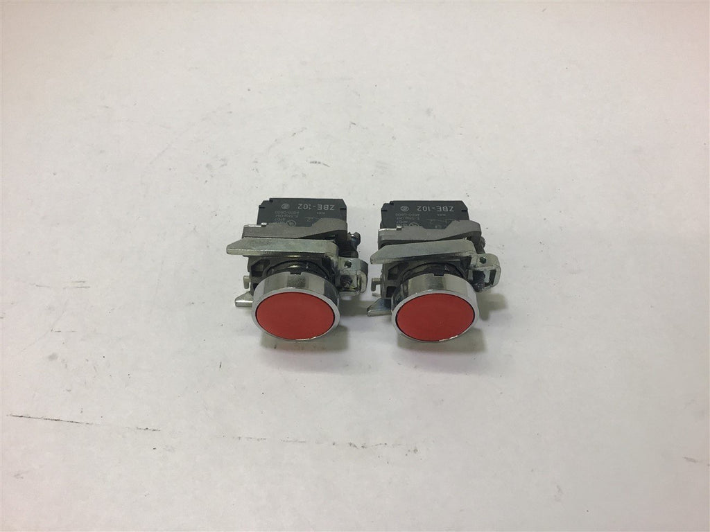 Red Flush pushbutton Lot of 2 w/ ZBE-102 Contact Blocks