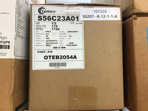 Century S56C23A01 1/2 HP AC Motor 115 Volts 1725 Rpm 4P 56Z Frame Single Phase