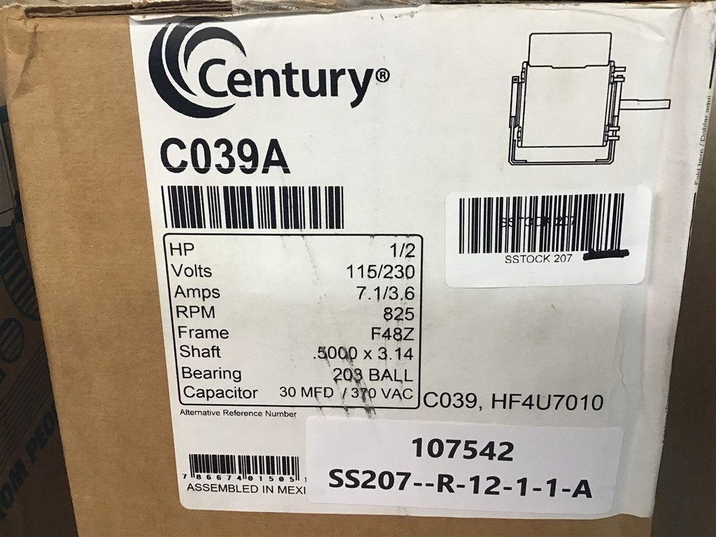 Century C039A 1/2 HP AC Motor 115/230 volts 825 RPM 48Z Frame