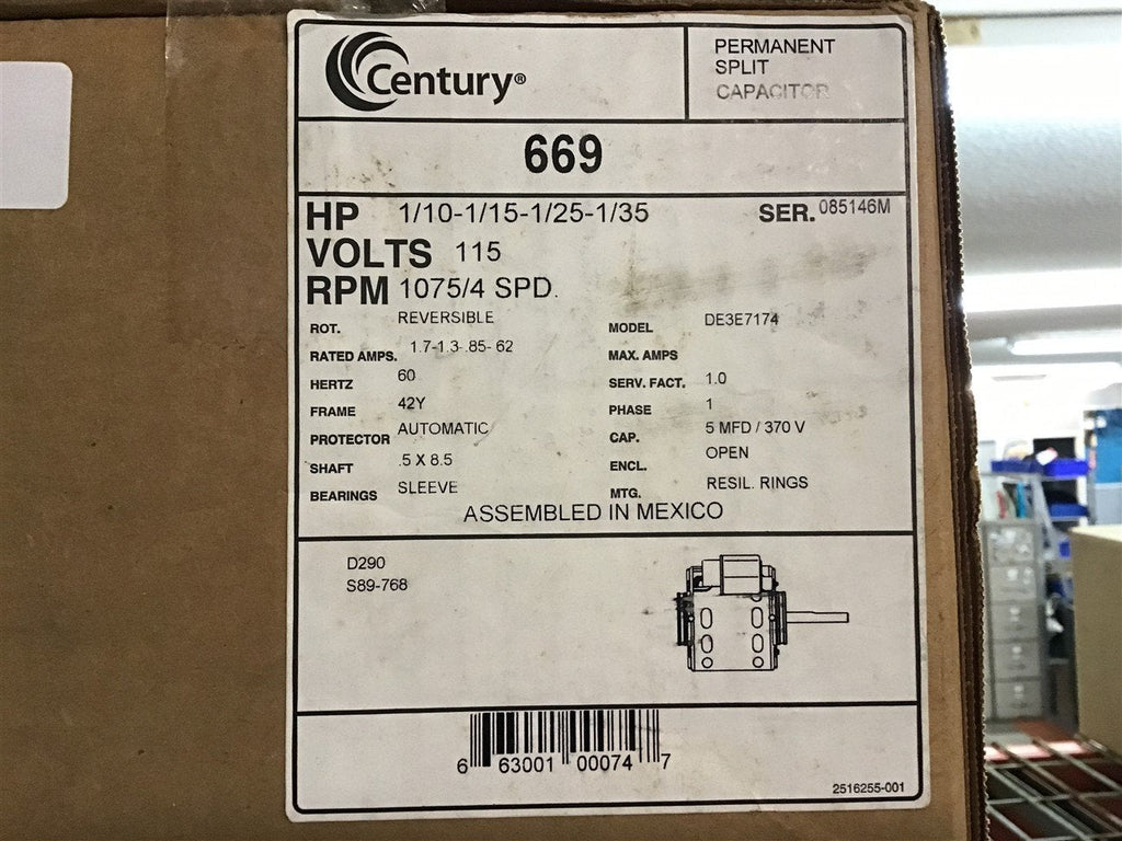 Century 669 1/10-1/15-1/25-1/35 HP AC Motor 1075/4 SPD 115 Volt Single Phase 42Y