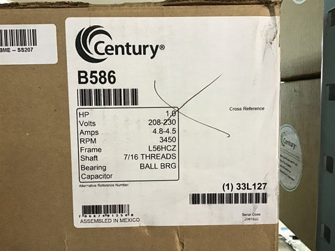 Century B586 1 HP AC Motor 208-230 V Single Phase 3450 Rpm 56HCZ Frame