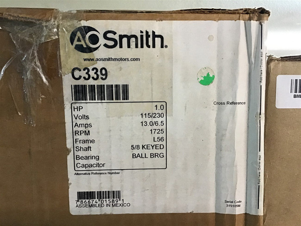 AO Smith C339 1 HP AC Motor 115/230 V Single Phase 1725 Rpm 56 Frame
