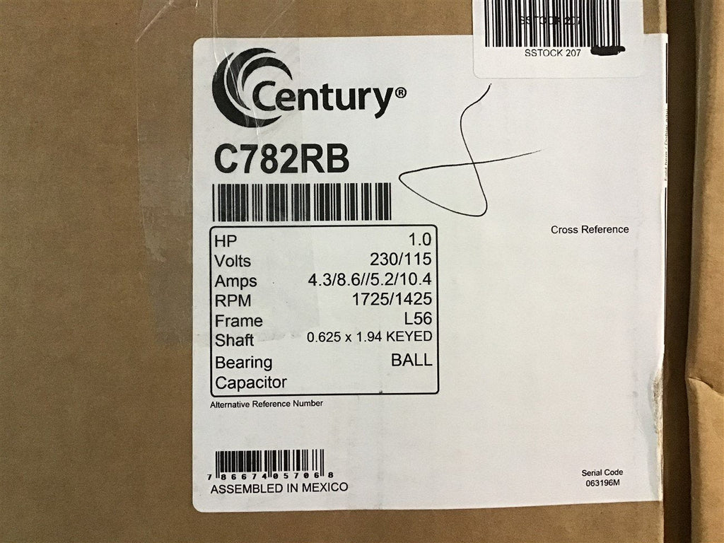 Century C782RB 1 HP AC Motor 230/115 V Single Phase 1725/1425 Rpm 56 Frame