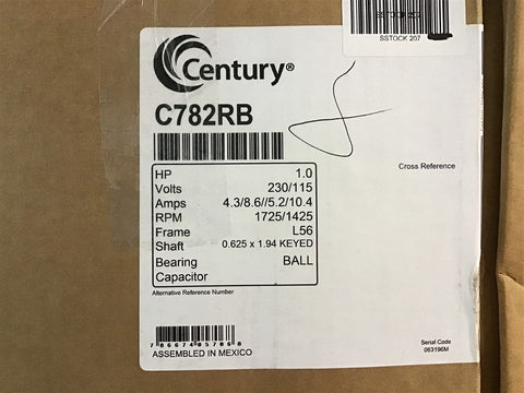 Century C782RB 1 HP AC Motor 230/115 V Single Phase 1725/1425 Rpm 56 Frame