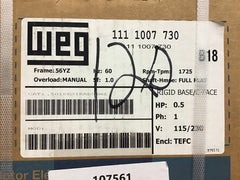 Weg .5018ES1RAD56NZ 1/2 HP AC Motor 115/230 V 1725 Rpm 56YZ Frame TEFC