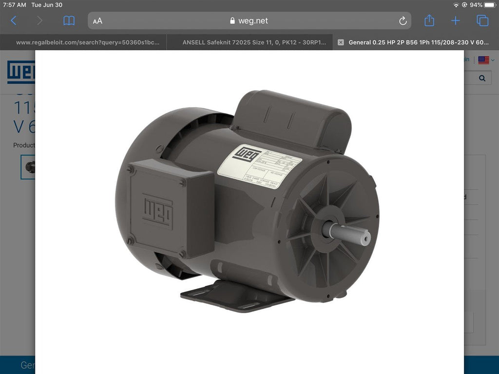 Weg CDL34-36-56 3/4 HP AC Motor 115/208-230 V Single Phase 2P 3600 Rpm 56Fr