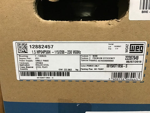 Weg 00158OT1B56-S 1.5 HP AC Motor 115/208-230 V Single Phase 4p 1800 Rpm 56H Fr