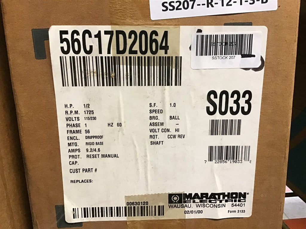 Marathon 56C17D2064 1/2 HP AC Motor 115/230 V Single Phase 1725 Rpm 4P 56 Fr ODP