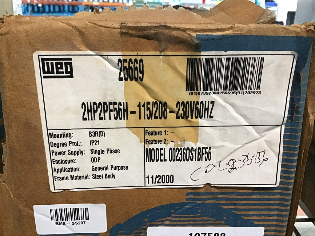 Weg 00236OS1BF56 2 HP AC Motor 115/208-230 V Single Phase 2P 3600 Rpm 56H FR