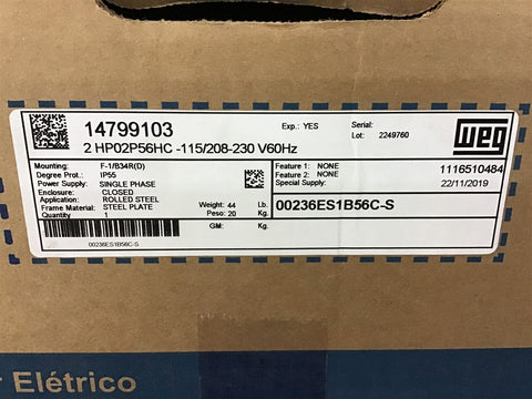 Weg 00236ES1B56C-S 2 Hp AC Motor 115/208-230 V single Phase 2P 3600 Rpm 56HC FR
