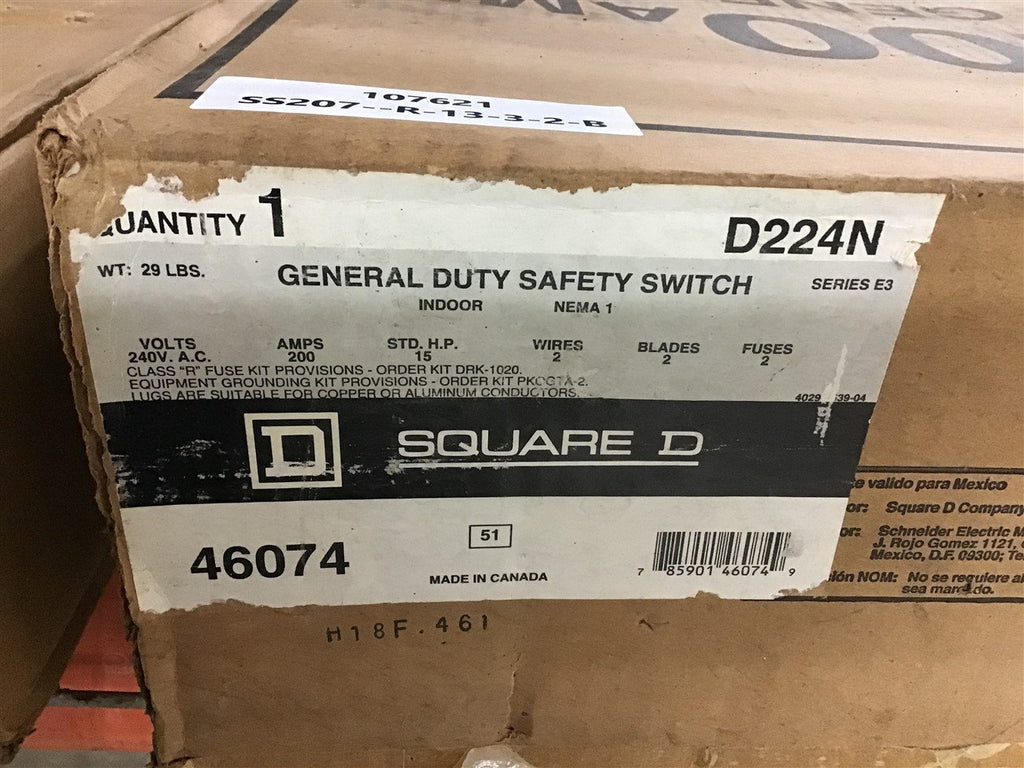 Square D D224N 200 Amp General Duty Safety Switch 240 Vac 15 Hp