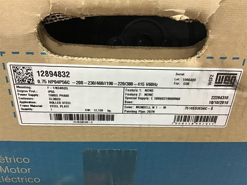 Weg .7518ES3E56C-S 3/4 Hp AC Motor 208-230/460 V 3 Phase 56C 4P 1800 Rpm
