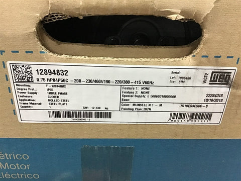 Weg .7518ES3E56C-S 3/4 Hp AC Motor 208-230/460 V 3 Phase 56C 4P 1800 Rpm