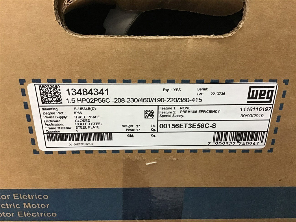 Weg 00156ET3E56C-S 1.5 Hp AC Motor 208-230/460 v 3600 Rpm 2P 3 Phase 56C Fr