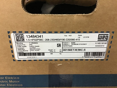 Weg 00156ET3E56C-S 1.5 Hp AC Motor 208-230/460 v 3600 Rpm 2P 3 Phase 56C Fr
