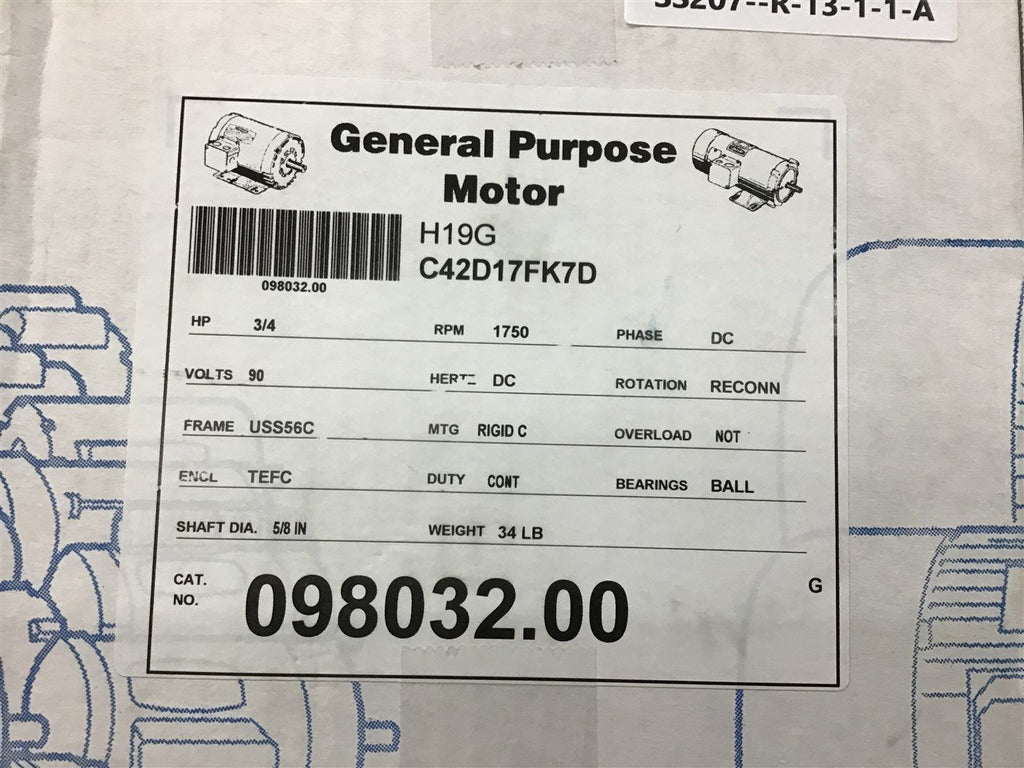 Leeson 098032.00 3/4 Hp DC Motor 90 Volts 1750 Rpm 56C FR TEFC