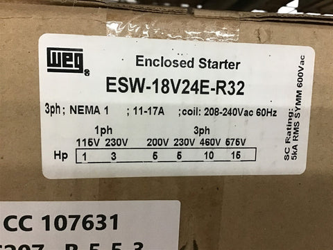 Weg ESW-18V24E-R32 Enclosed Starter 3 PH Nema 1 11-17A 208-240V Coil