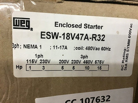 Weg ESW-18V47A-R32 Enclosed Starter Nema 1 3 PH 11-17A 480 Vac Coil 460V @ 10 HP