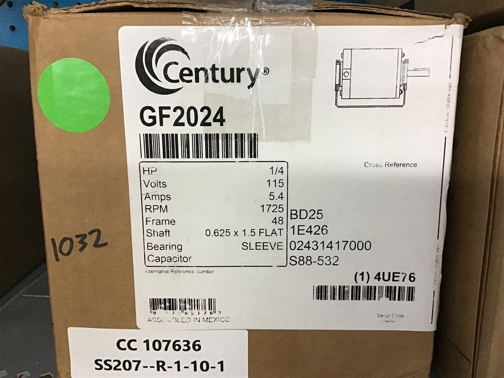 Century GF2024 1/4 HP AC Motor 115 V Single Phase 1725 Rpm 48 Frame