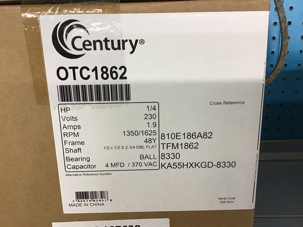 Century OTC1862 1/4 HP AC Motor 230 v Single Phase 1350/1625 Rpm 48Y Frame