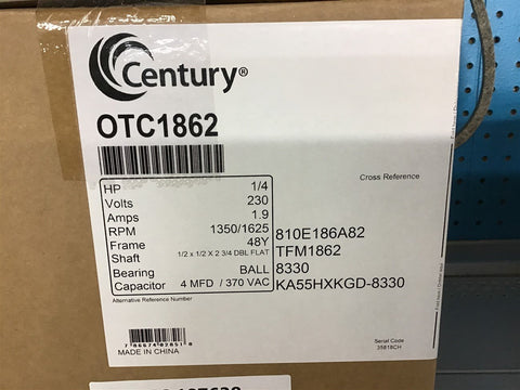 Century OTC1862 1/4 HP AC Motor 230 v Single Phase 1350/1625 Rpm 48Y Frame