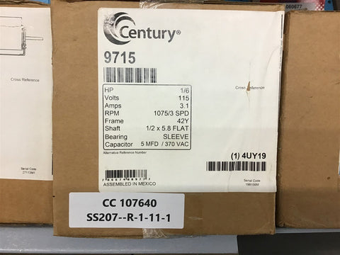 Century 9715 1/6 HP AC Motor 115 V Single Phase 1075/3SPD 42Y Frame