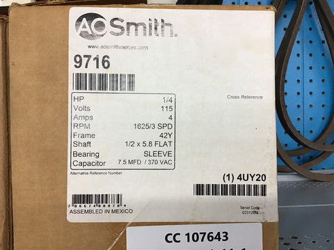 AO Smith 9716 1/4 HP 115 V Single Phase 1625/3 SPD 42Y Frame