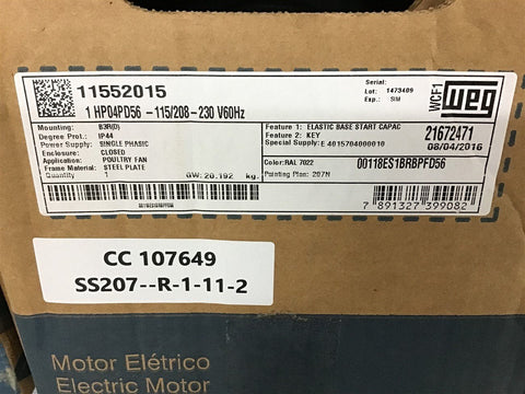 Weg 00118ES1BRBPFD56 1 HP Ac Motor 115/208-230 V Single Phase 4P 1800 Rpm