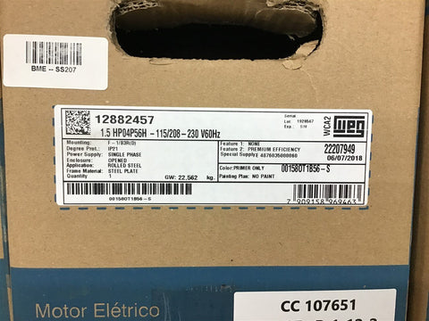 Weg 00158OT1B56-S 1.5 HP AC Motor 115/208-230 V 56H Frame 4P 1800 Rpm