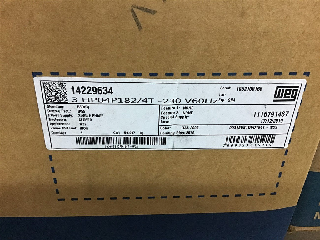 Weg 00318ES1DFD184T-W22 3 Hp AC Motor 230 V Single Phase 182/4T Fr 4P 1800 Rpm