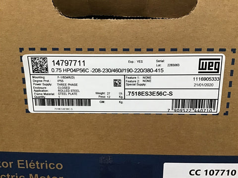 Weg .7518ES3E56C-S 3/4 HP AC Motor 208-230/460 V 3 Phase 4P 1800 Rpm 56C Frame