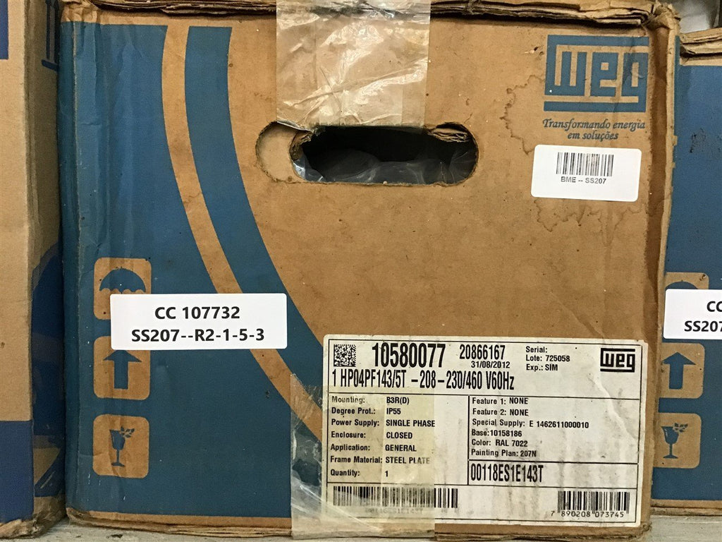 Weg 0018ES1E143T 1 Hp AC Motor 208-230/460 V Single Phase 4P 1800 Rpm 143/5T Fr