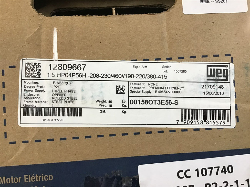 Weg 00158OT3E56-S 1 1/2 HP AC Motor 208-230/460 V 3 Phase 4P 1800 Rpm 56H Frame