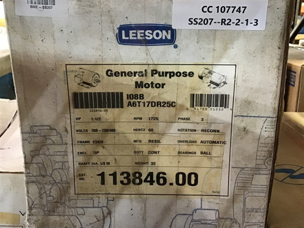 Leeson 113846.00 1 1/2 HP AC Motor 208-230/460 V Phase 1725 Rpm 4P 56H Frame