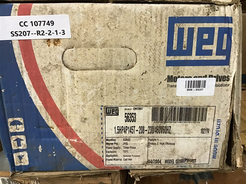 Weg 00158EP35145T 1 1/2 Hp AC Motor 208-230/460 V 3 Phase 4P 1800 Rpm 145T Frame