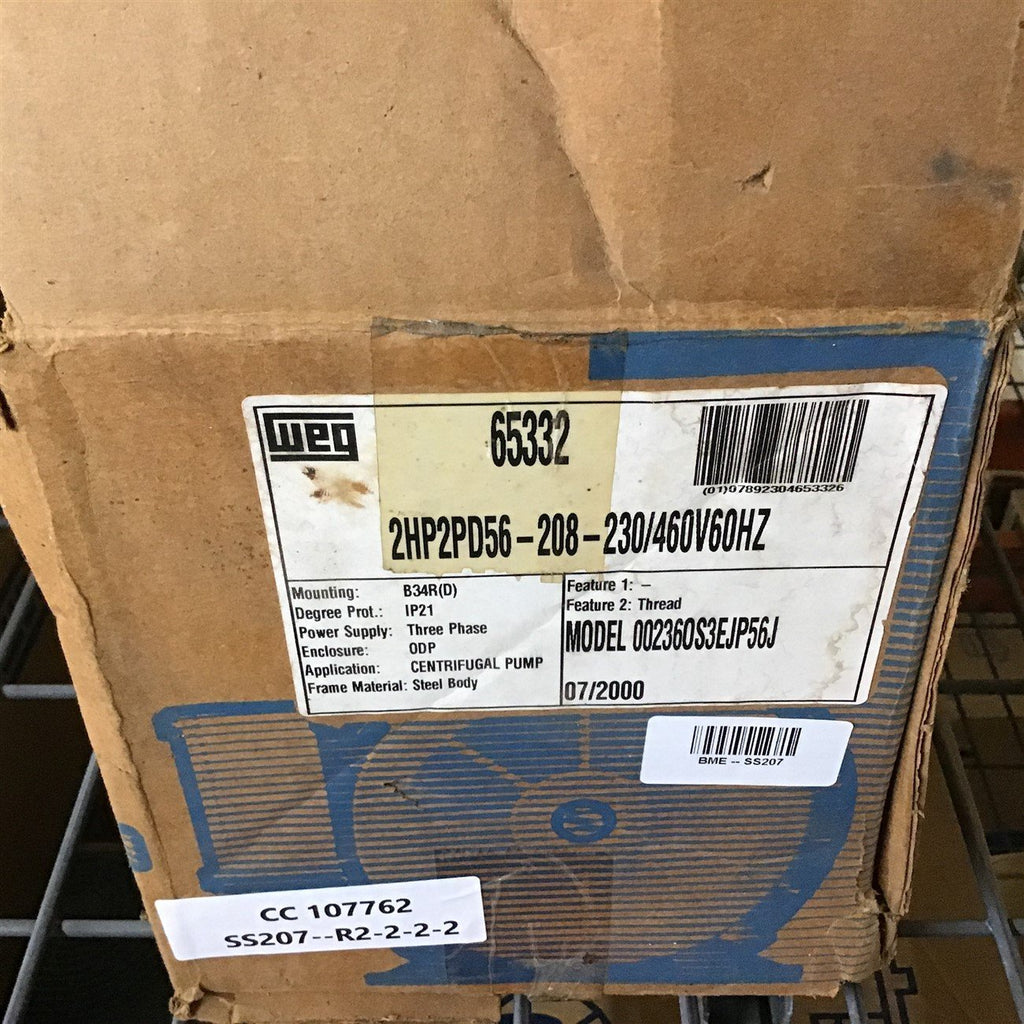 Weg 00236OS3EJP56J 2 HP AC Motor 208-230/460 V 2P 3600 Rpm 56 Frame