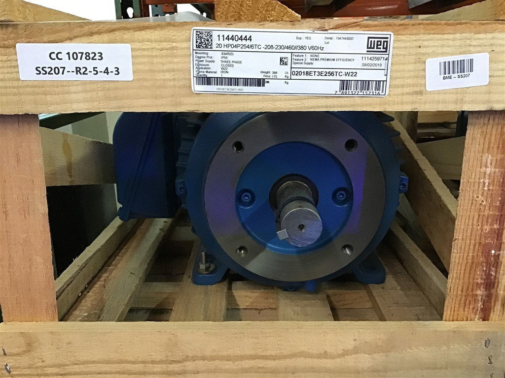 Weg 02018ET3E256TC-W22 20 Hp AC Motor 208-230/460 Volts 1800 Rpm 4P 254/6TC