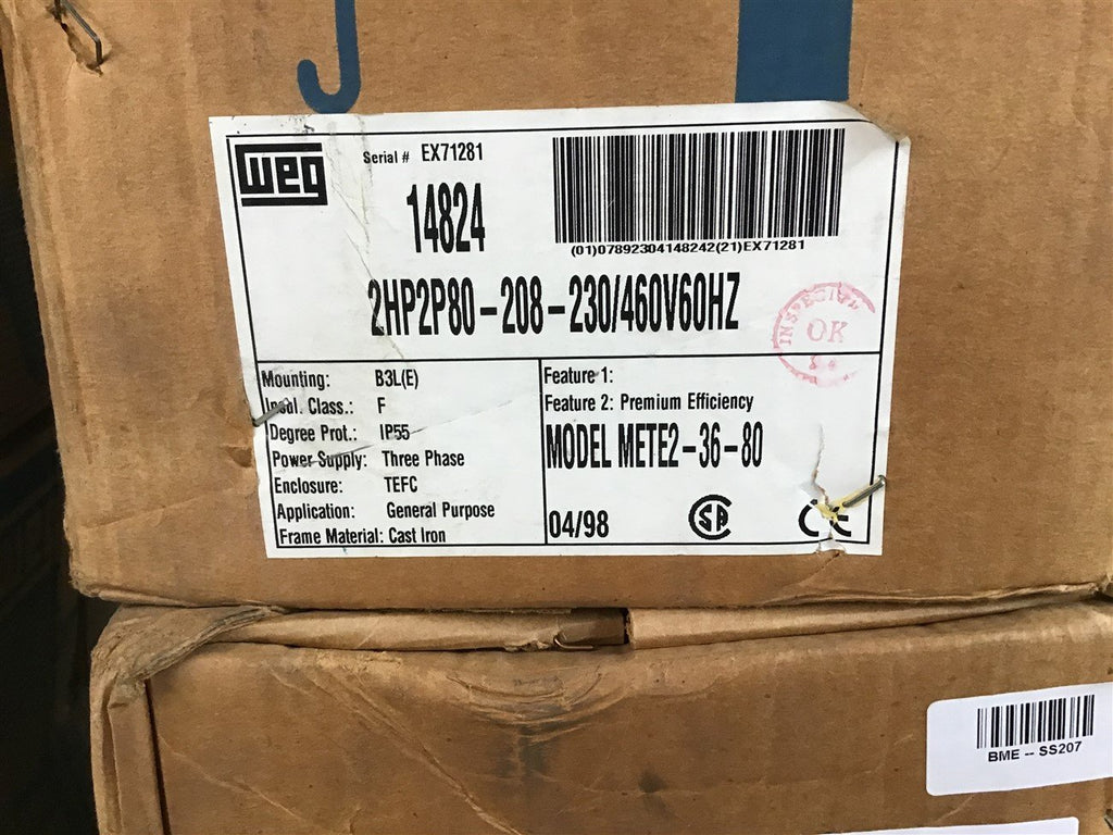 Weg METE2-36-80 2 HP AC Motor 208-230/460 Volts 3600RPM 2P 80 Frame