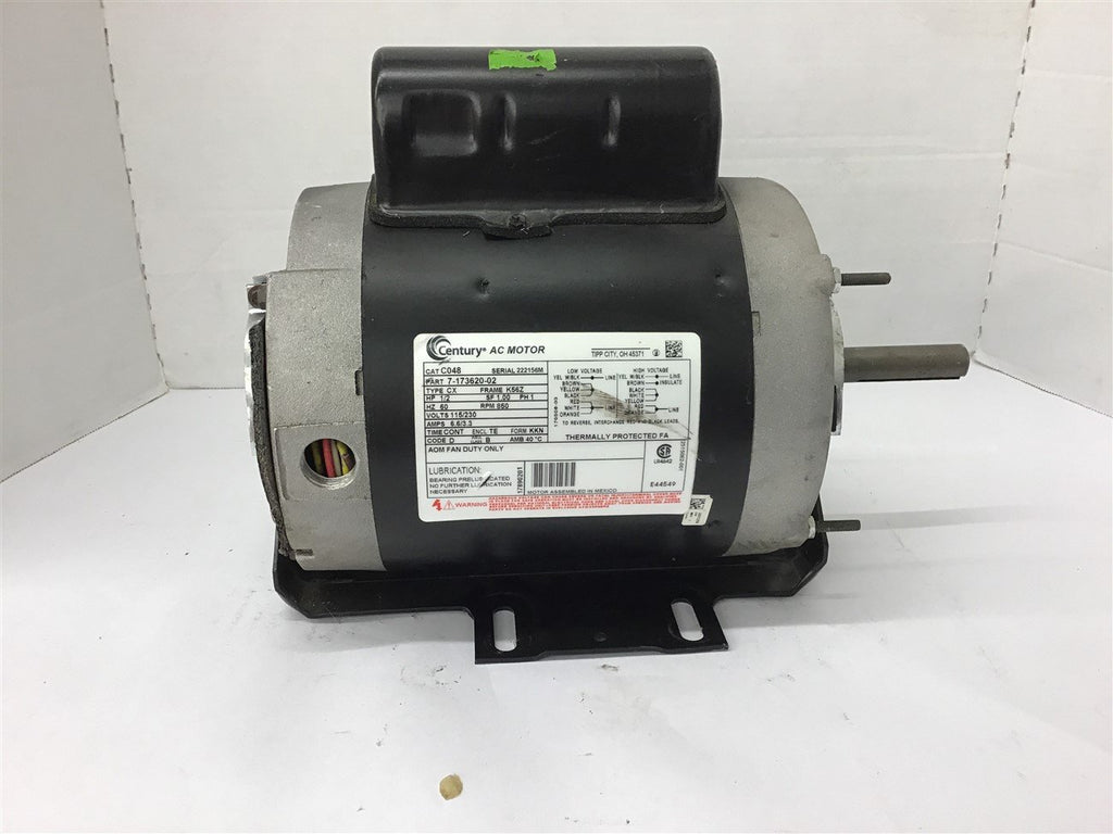 Century C048 7-173620-02 1/2 Hp AC Motor 115/230 volts 850 Rpm Single Phase 56Z