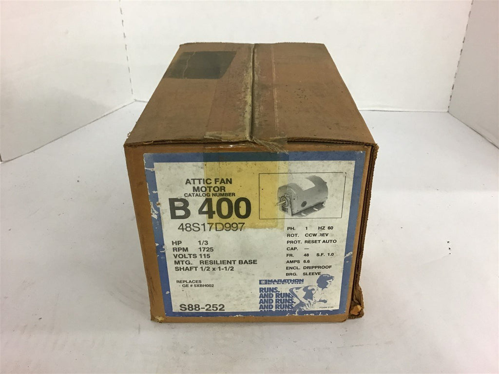 Marathon 48S17D997 B400 Attic Fan Motor 1/3 HP 1725 Rpm 115 Volts Single Phase