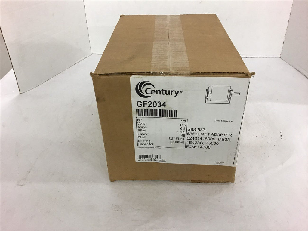 Century GF2034 1/3 Hp HVAC Motor 115 volts 1725 Rpm 6.8 Amps 48 Frame