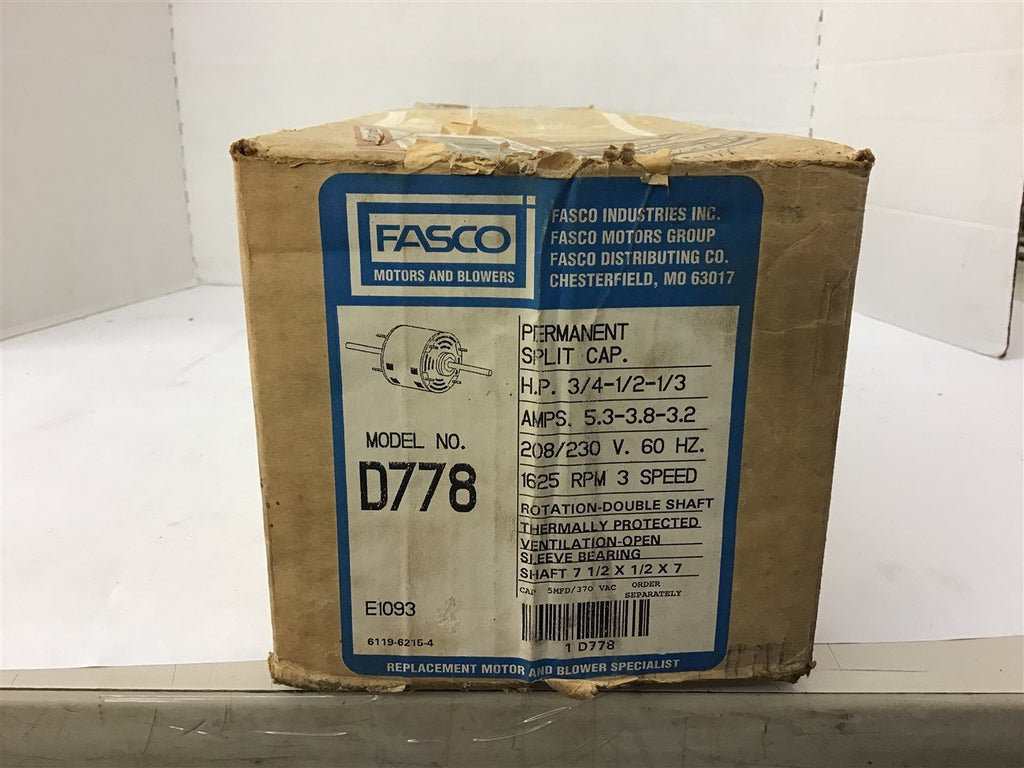 Fasco D778 3/4-1/2-1/3 HP AC Motor 208/230 Volts 1625 Rpm 3 Speed