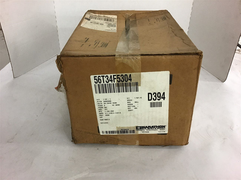 Marathon D394 AC Motor 1 1/2 HP 208-230/460 Volts 3450 Rpm 2P 56C Frame