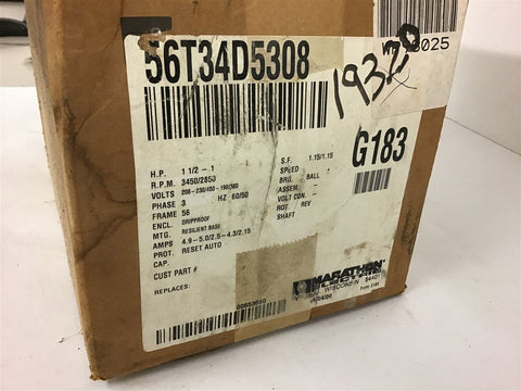 Marathon 56T34D5308 1 1/2 HP AC Motor 208-230/460 volts 3600 Rpm 2P 56 Frame
