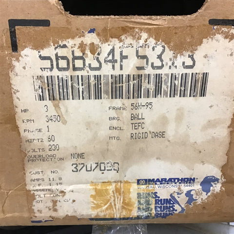 Marathon WVL56B34F5313B 3 Hp Ac Motor 230 Volts 3450 Rpm 2P