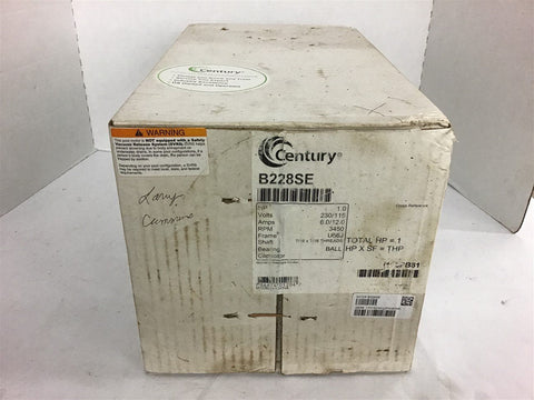 Century B228SE 1 Hp Motor 230/115 Volts 3450 Rpm 56J Frame