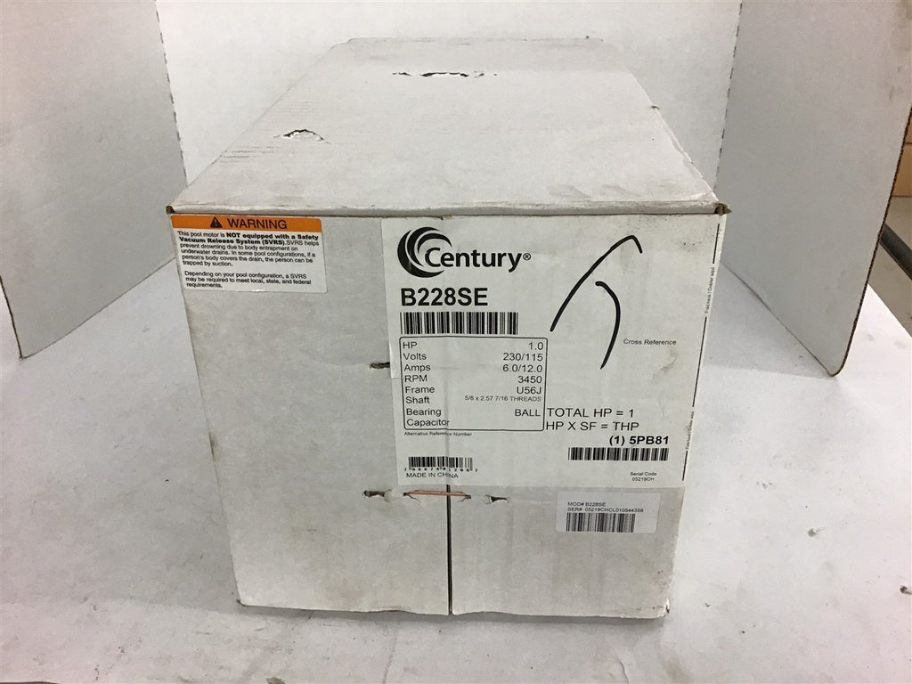 Century B228SE 1.0 Hp Motor230/115 Volts 3450 Rpm 56J Frame