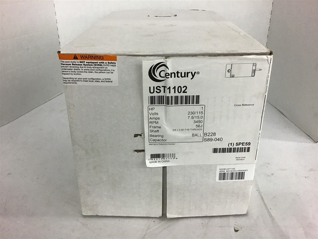 Century UST1102 1 Hp motor 230/115 Volts 7.5/15.0 Amps 3450 Rpm 56J Frame